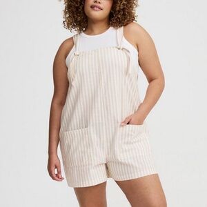 Torrid - Beach Cotton Linen Tan White Stripe Tie Strap Shortall Overall - 4X